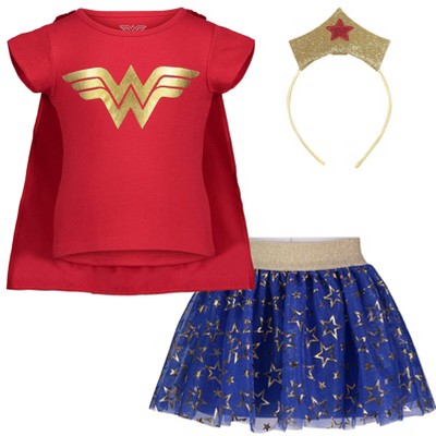 DC Comics Justice League Wonder Woman Little Girls 4 Piece Costume Set: T-Shirt Skirt Headband Cape Red 