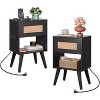 GALAXHERO Rattan Nightstands Set of 2 with Charging Station Boho Wood Side Tables Small End Tables with Drawers for Bedroom - 2 of 2