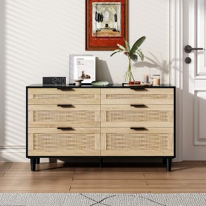 CAVINAS 51" 6-Drawer Dresser,Rattan MDF Chest of Drawers with Spacious Storage Space for Bedroom and Entryway,2 Columns,3 Rows,Black - 1 of 4