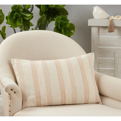 Ivory Striped Cotton Pillow Cover with Zipper Closure, 16" x 24"