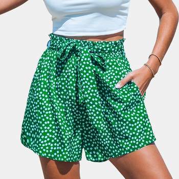 Women's Green Ditsy Loose Leg Paperbag Shorts - Cupshe
