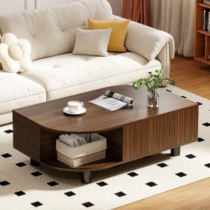 Skyzoo Wood Coffee Table with Storage & Fluted Sliding Doors for Living room, Unique Leaf-Shaped Design - 1 of 4