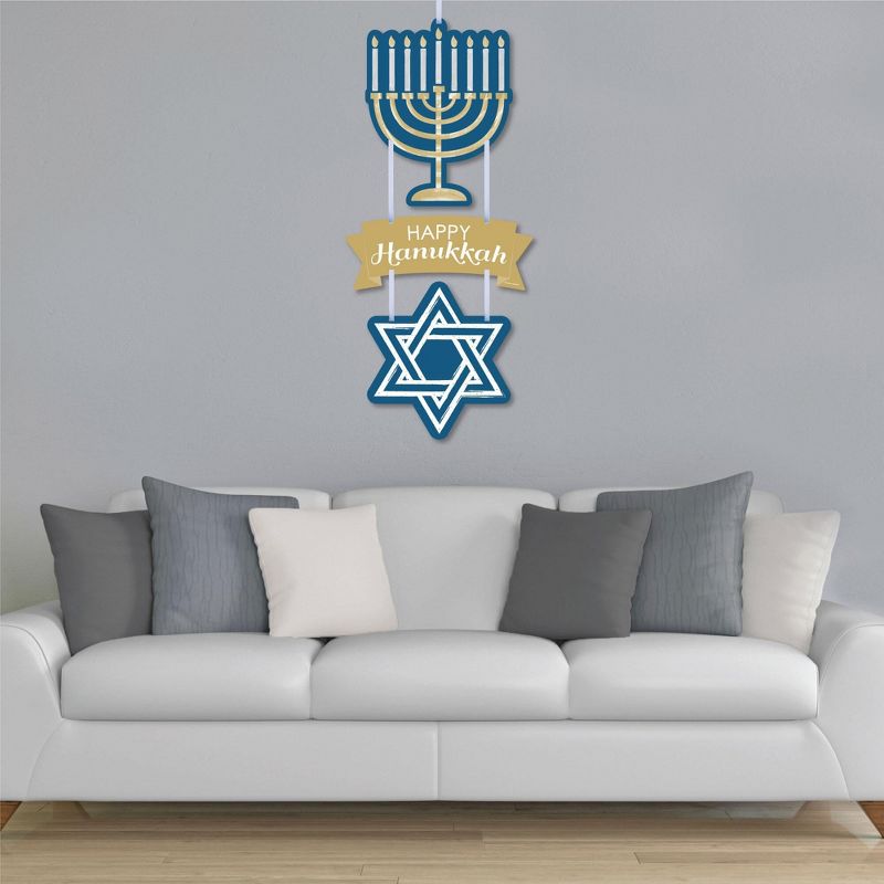 Big Dot of Happiness Happy Hanukkah - Hanging Porch Chanukah Holiday Party Outdoor Decorations - Front Door Decor - 3 Piece Sign, 3 of 9