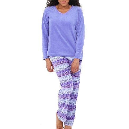 Adr Women's Plush Fleece Pajamas Set, V Neck Winter Pj Set Pastel