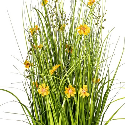 31" Elegant Outdoor Faux Yellow Cosmos & Green Grass Arrangement