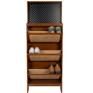 TiramisuBest Rattan Shoe Cabinet with 3 Flip Drawers & Black Pegboard, Narrow Entryway Shoe Rack for Hallway, Walnut - 1 of 4