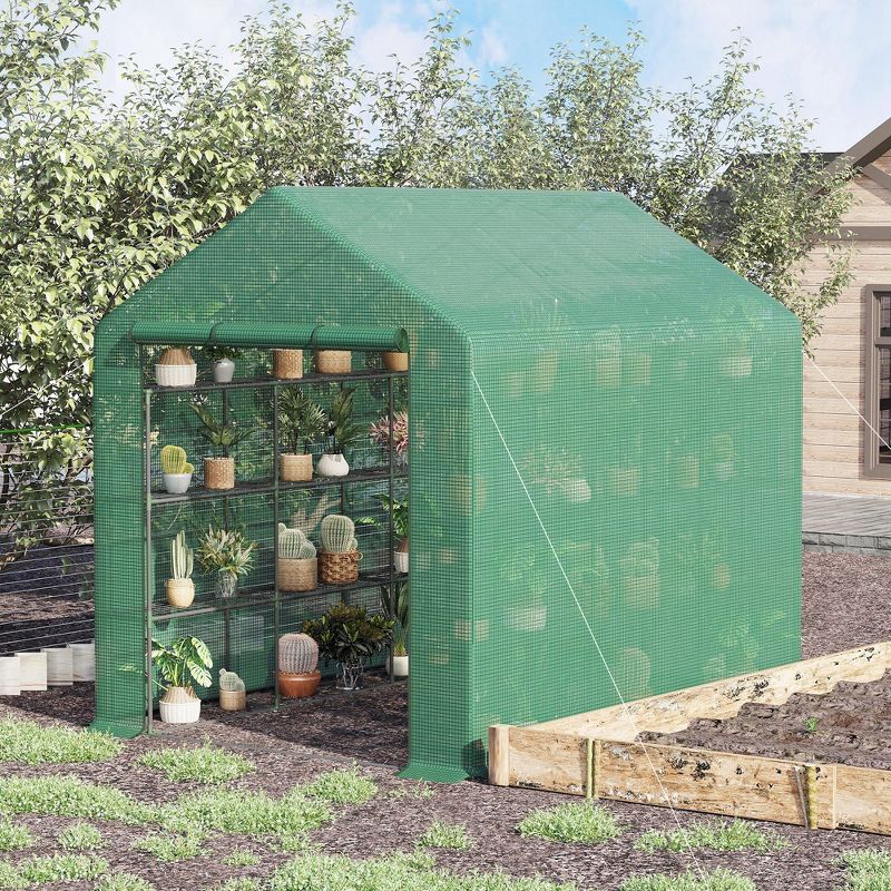 Outsunny Walk-in Greenhouse for Outdoors with Roll-up Zipper Door, 18 Shelves, PE Cover, Heavy Duty Humidity Seal, 95.25" x 70.75" x 82.75", Green, 4 of 8