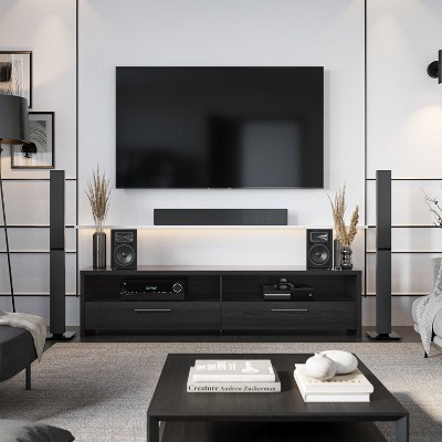 Black Faux Wood Grain 75'' TV Stand with Cabinet and Drawers