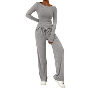 Clearlove Womens 2 Piece Matching Lounge Sets Long Sleeve Fit T-Shirt Workout Casual Drawstring Wide Leg Pants - 1 of 4