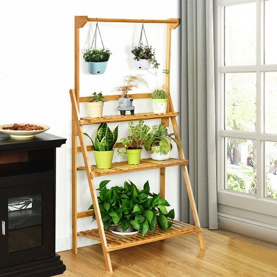 Costway 3 Tier Bamboo Hanging Folding Plant Shelf Stand Flower Pot Display Rack Bookcase