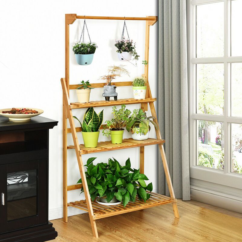 Costway 3 Tier Bamboo Hanging Folding Plant Shelf Stand Flower Pot Display Rack Bookcase, 1 of 11