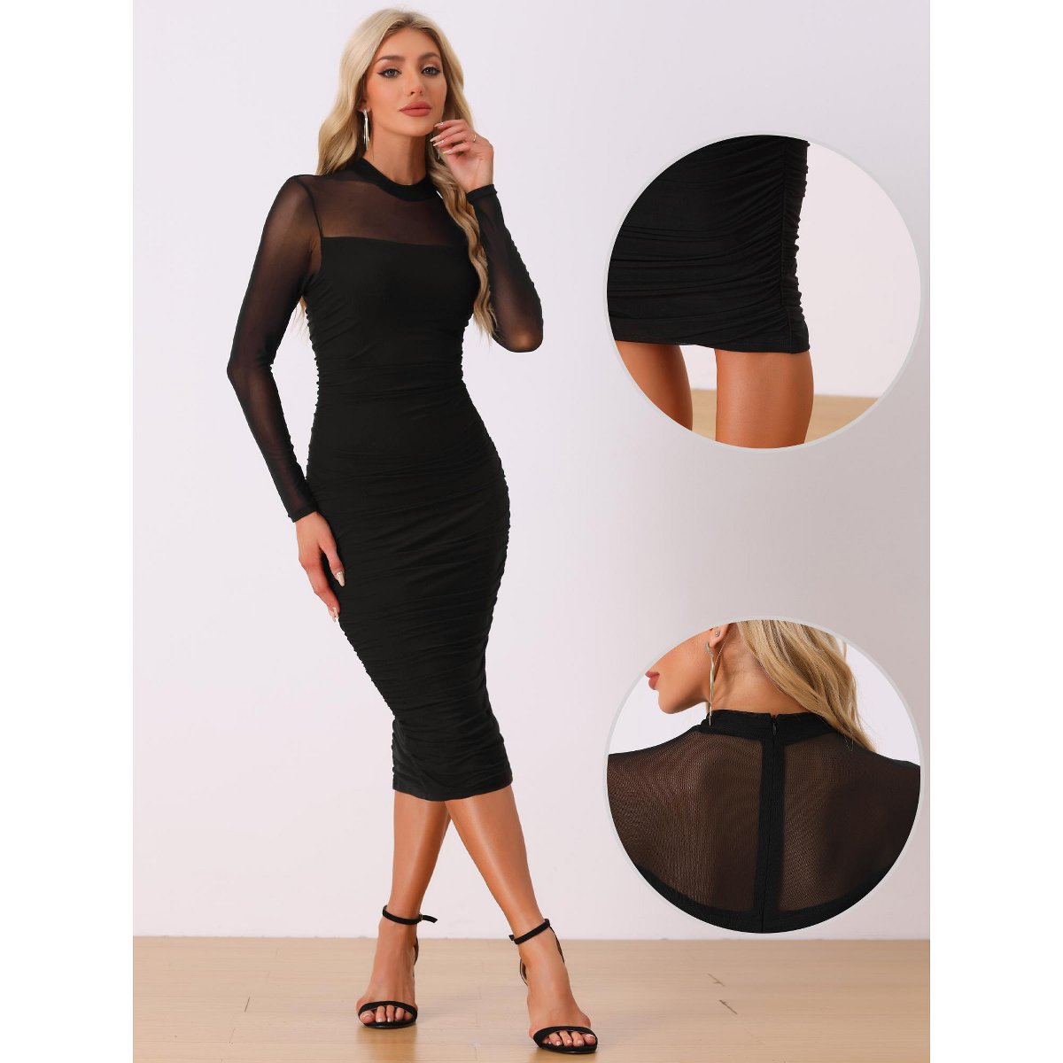 Женские платья INSPIRE CHIC Women's Mesh Mock Neck Long Sleeve Ruched Elegant Cocktail Bodycon Dress Black Medium — фото 2