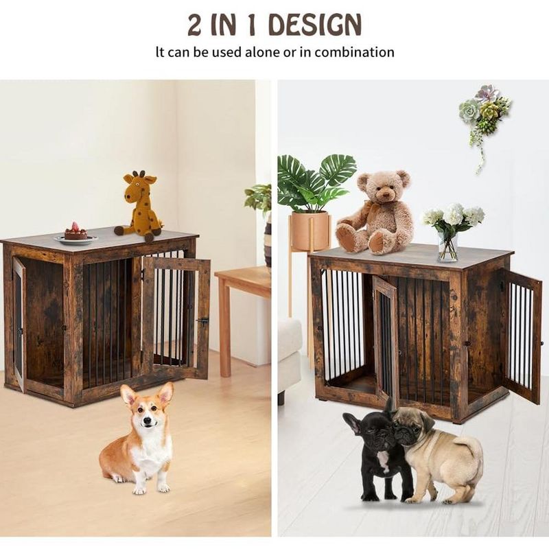 Large Dog Crate Furniture Two-Room Wooden Dog Crate Furniture with Double Doors Partition Indoor Dog House 71Inch,Brown, 4 of 8