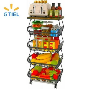 5 Tier Fruit Basket for Kitchen Organizers and Storage,Stackable Metal Wire Basket Stand Cart with Wheels for Fruit Vegetable - 1 of 4