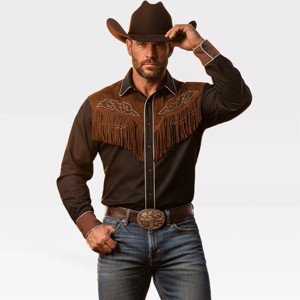 Men's Western Shirts Long Sleeve Suede Fringed Cowboy Shirts Casual Button Down Shirt Color Block Textured Cowboy Shirts - 1 of 4