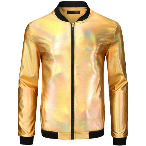 Lars Amadeus Men's Zip Up Long Sleeves Shiny Holographic Bomber Jacket - image 1 of 4