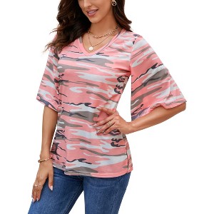 Women's 3/4 Bell Sleeve Shirt Loose Fit V Neck Blouse Cute Tops - 1 of 4