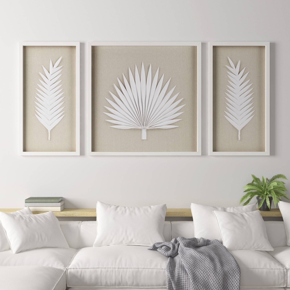 Photos - Other interior and decor 3pc Sabal Palm Rice Paper Framed Shadow Box Set Off White - Madison Park