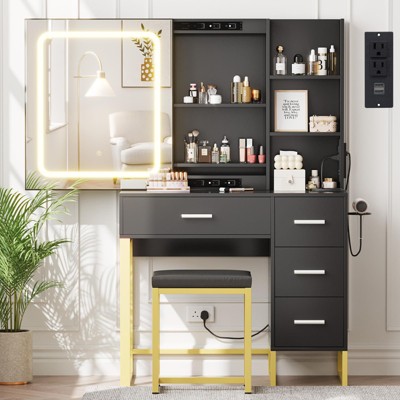 Vanity Desk with Mirror and Lights, Makeup Vanity Desk with Sliding LED Lighted Mirror, Power Outlet