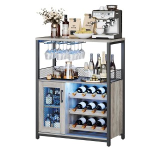 3-Tier Wine & Coffee Bar Cabinet with Storage Door, Liquor Cabinet with Wine Rack & Glass Holder for Kitchen, Dining Room, Living Room, Grey - 1 of 4