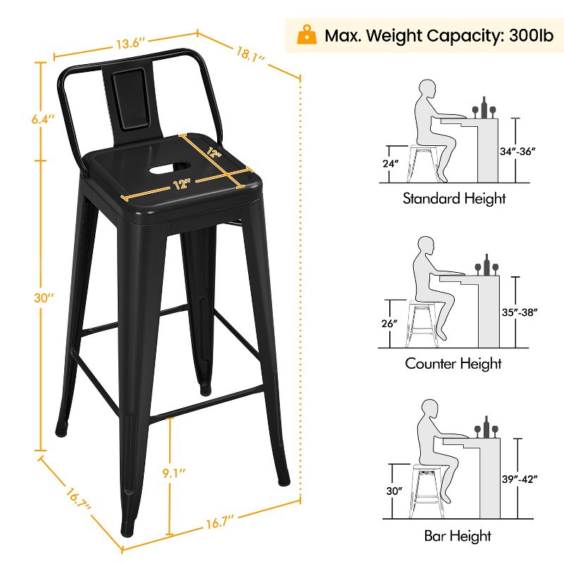 Yaheetech 30" H Metal Bar Stools Set of 4 for Home Restaurant, Black, 3 of 9