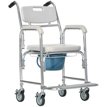 HOMCOM Personal Mobility Durable Waterproof Shower Accessible Transport Commode Medical Rolling Chair, Gray