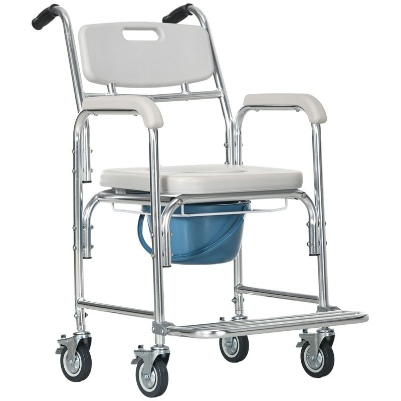 HOMCOM Personal Mobility Durable Waterproof Shower Accessible Transport Commode Medical Rolling Chair, Gray, 1 of 7