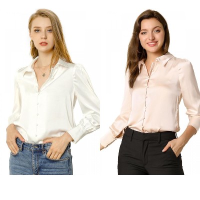 Allegra K Women's Satin Puff Sleeve Point Collar Vintage Button Up Shirt 2 Pcs