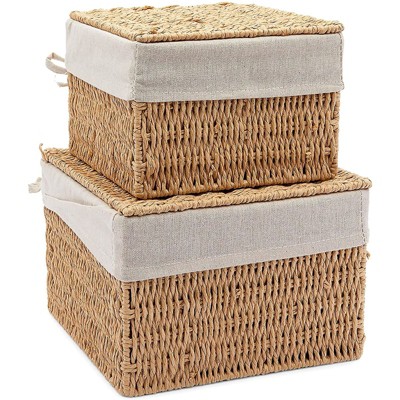 Juvale 2 Pack Woven Storage Baskets with Lid and Removable Liner, Brown (2 Sizes)