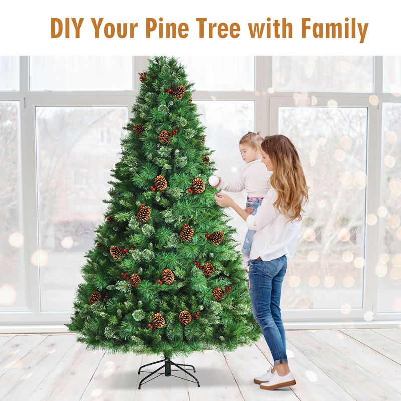 Tangkula 8ft Pre-Decorated Holiday Christmas Tree Unlit Artificial Pine Tree w/ Red Berries, 4 of 11