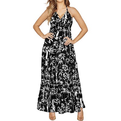 LA LEELA Women's Summer Boho Beach A line Maxi Smocked Evening Frill Dress Long Tube Dresses for Women S-M Black, Tropical