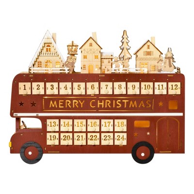 HOMCOM Christmas Advent Calendar Light Up Table Xmas Wooden Bus Holiday Decoration with Countdown Drawer Santa Claus Street House for Kids and Adults