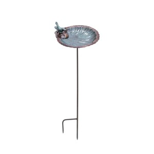 11" Scallop Shell Birdbath and Feeder with Stake Antique Brass Plated - ACHLA Designs: Weather-Resistant Garden Decor, No Assembly Required - 1 of 3