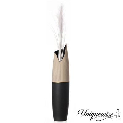 Sleek Handcrafted Ceramic Floor Vase - Beige Polka Dot & Black