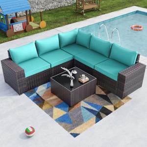 ALAULM Outdoor Patio Furniture Set Outdoor Sectional Rattan Sofa Set Brown Manual Wicker Patio Conversation Set with Cushions - 1 of 4