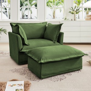 Chenille Slipcovered Armchair Set with Ottoman,Deep Seat Lounge Chair with Large Pillow,49" Wide Living Room Chair-Baofuwish - 1 of 4