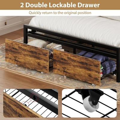 Full Size Dark Brown Wood and Metal Platform Bed with Storage Drawers and LED Light