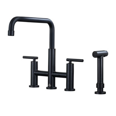 CASAINC Double Handle Bridge Kitchen Faucet with Pull-Out Side Sprayer in Brushed Gold