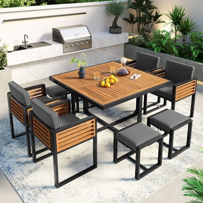 Outdoor 9-Piece Dining Set, Dining Set with Chairs and Ottomans and Square Table, Acacia Chairs with Metal Frame and PE Cushions– Cuddlewood