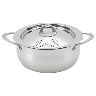 Bialetti 7593 2 In 1 Stainless Steel 6 Quart Oval Shaped Kitchen Pasta Pot with Lockable Strainer Lid and Secure Grip Handles, Silver