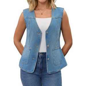 INSPIRE CHIC Women's V Neck Patch Pockets Button Down Sleeveless Denim Vest - 1 of 4