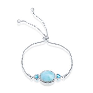 Caribbean Treasures Sterling Silver Oval Larimar with Blue CZ Side Stones Adjustable Bolo Bracelet - Blue - 1 of 2