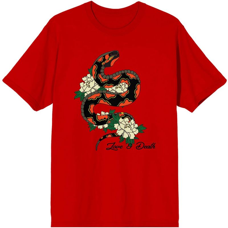 Celestial Tropics Snake And Flowers Men's Red T-Shirt, 1 of 4
