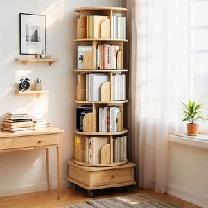 KTMBDW 6 Tier Rotating Bookshelf, 360° Display Round Spinning Bookshelf with Wheels and Drawer, Rotating Bookshelf Tower for Bedroom, Living Room - 1 of 4