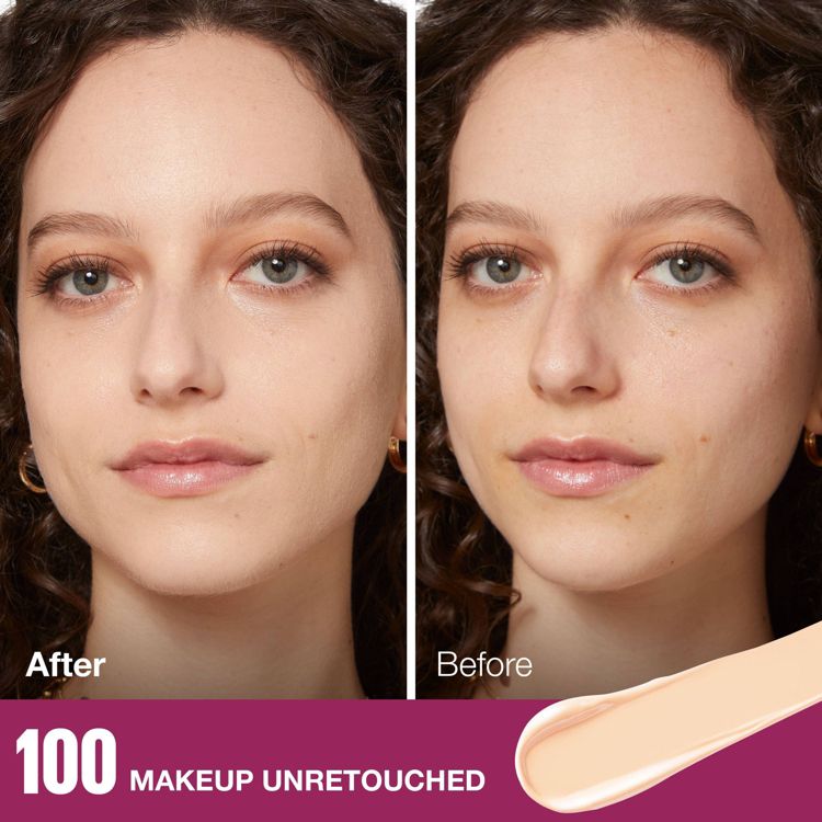 Side-by-side comparison of a woman's face showing "Before" and "After" using concealer, with the text "100 MAKEUP UNRETOUCHED" and a swatch of light beige colored concealer at the bottom.