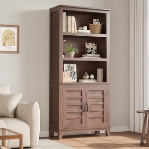 5 Tier Storage Bookshelf with Door Wooden Farmhouse Bookshelves Rustic Vintage Etagere Walnut Cabinet for Home Office,Living Room,Bed Room, Brown - 1 of 4