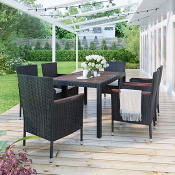 7-Piece Outdoor Patio Dining Set, Garden PE Rattan Wicker Dining Table and Chairs Set, Acacia Wood Tabletop, Stackable Armrest Chairs with Cushions