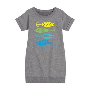 Girls' - Instant Message - Fishing Lures Graphic Short Sleeve Fleece Dress - 1 of 4