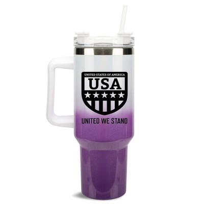 100 North USA United We Stand Flag Shield Wrap-Around 40 Oz. Stainless Steel Water Bottle Coffee Mug, Spill & Leak Resistant, Travel Tumbler with