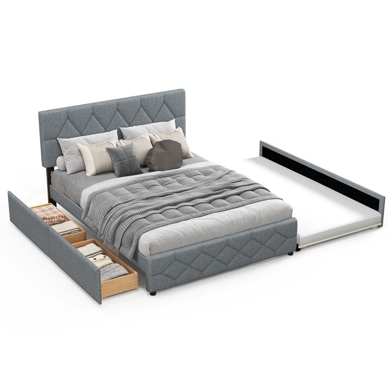 Costway Queen Upholstered Platform Bed with Twin XL Trundle and 2 Drawers Wooden Slats, 2 of 11